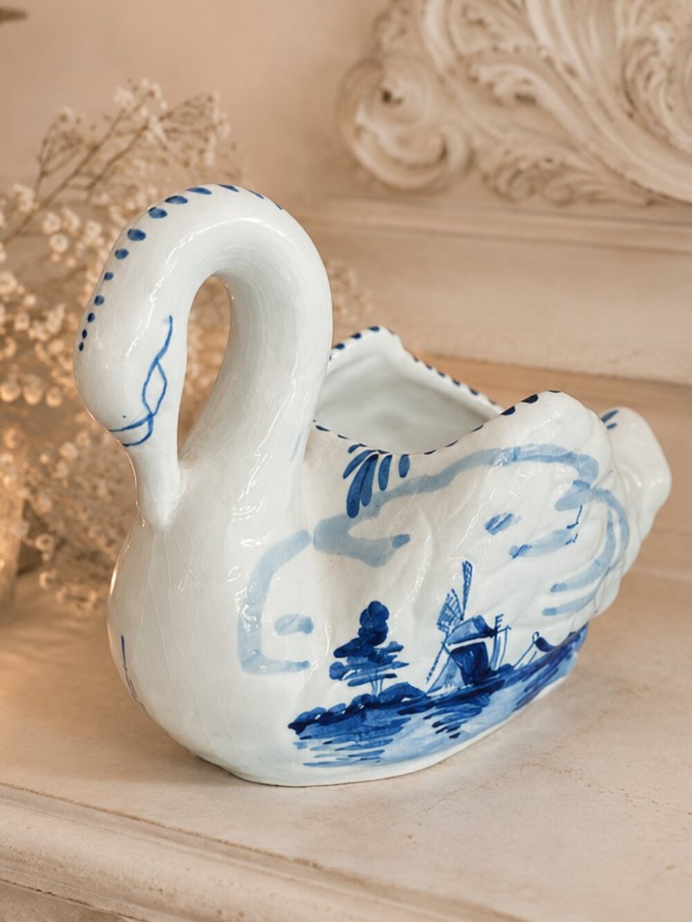Vintage Signed Delft Hand-Painted Blue & White Swan Planter